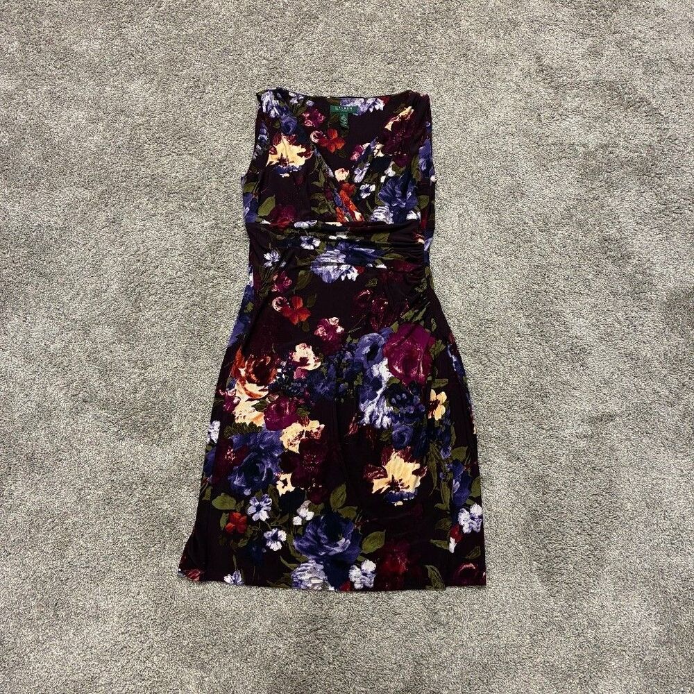 Lauren Ralph Lauren Sleeveless Floral Faux Wrap Dress Size 12 Burgundy Romantic